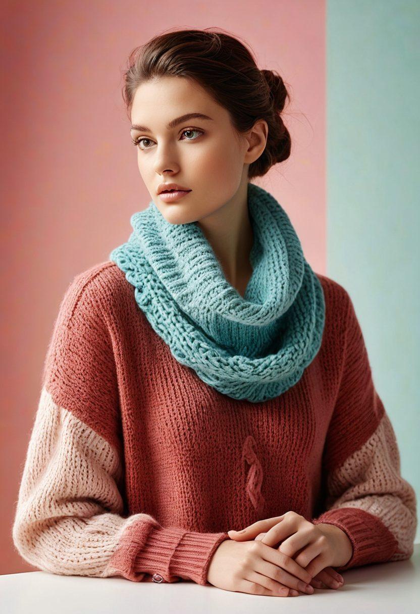 A stylish display of various cowls in vibrant colors, artistically draped on mannequins and overlapping on a designer's desk. Include cozy knit textures and intricate patterns, surrounded by fashionable accessories like boots and scarves, set against a soft, pastel background. The scene should exude luxury and creativity, showcasing the transition from crafty knitwear to high fashion pieces. super-realistic. vibrant colors. soft focus.