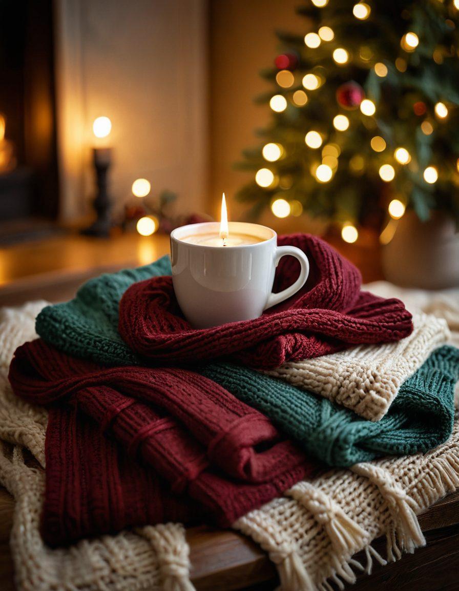 A warm, inviting scene featuring a variety of handmade cowls and winter fashion accessories displayed artistically on a cozy knitted blanket. Incorporate soft lighting that highlights the textures and colors of the fabrics, alongside a steaming cup of cocoa and twinkling fairy lights in the background. Emphasize a sense of comfort and style, with a winter-themed color palette of deep reds, soft beiges, and rich greens. super-realistic. warm tones. cozy atmosphere.