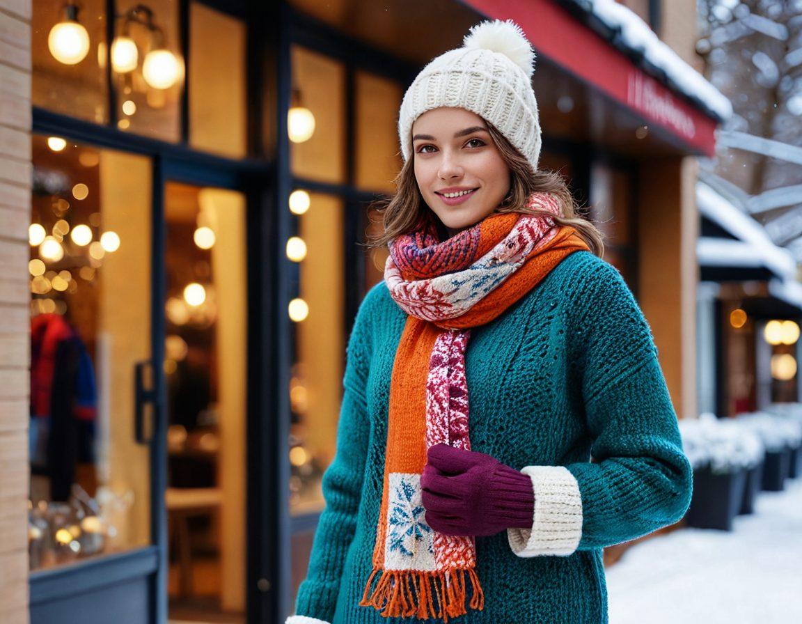 A cozy winter scene showcasing a stylish person layered in colorful knits, such as oversized sweaters and scarves, surrounded by essential winter accessories like gloves and hats. The background features softly falling snow and a warm glow from a nearby café, creating a welcoming atmosphere. The focus should be on texture and warmth, emphasizing the comfort and fashion of winter layering. super-realistic. vibrant colors. cozy ambiance.